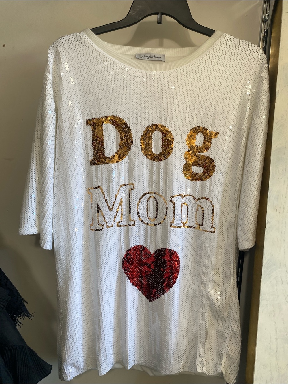 Dog Mom Sequin Tee Shirt - White with Gold & Red Accent